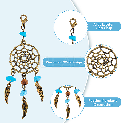 Tibetan Style Alloy & Gemstone Chip Woven Net/Web with Feather Pendant Decoration HJEW-AB00526-1