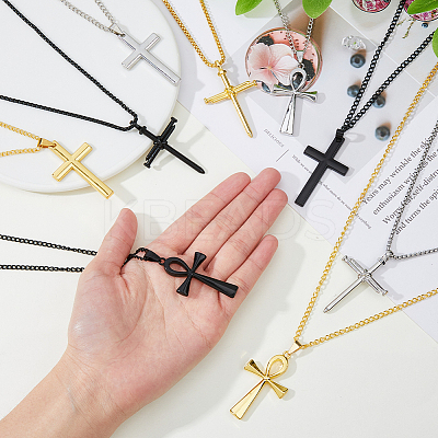 9Pcs 9 Style Stainless Steel & Alloy Cross Pendant Necklaces Set NJEW-FI0001-21-1