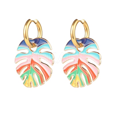 Monstera Leaf Enamel Charm Dangle Hoop Earrings EJEW-JE04853-1