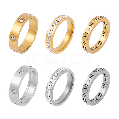 6Pcs 6 Style 201 Stainless Steel Hollow Roman Numerals Finger Ring Set with Rhinestone RJEW-AN0001-21-1