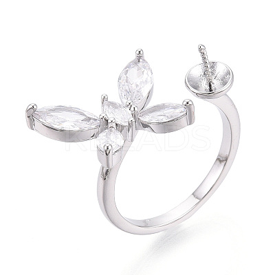 Butterfly Shape Brass Micro Pave Clear Cubic Zirconia Cuff Ring Settings for Half Drilled Beads KK-T076-47P-1