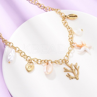304 Stainless Steel Coral Shape & Resin Shell & Plastic Imitation Pearl Pendant Necklaces for Women NJEW-F352-01G-1