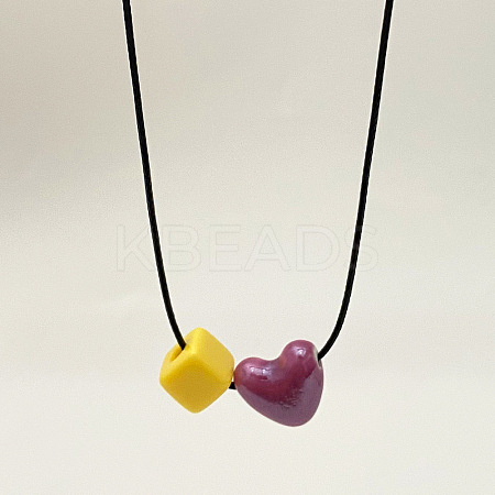 Handmade Porcelain Heart Cube Resin Beads Pendant Adjustable Black Waxed Cord Necklaces for Women WG3943B-01-1