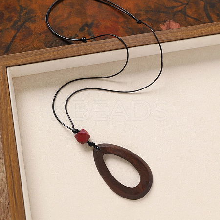 Wood Pendant Black Wax Cord Long Necklaces for Women FS-WG36920-05-1