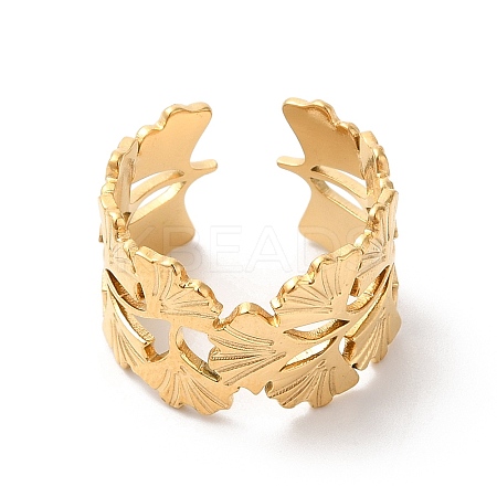 Ion Plating(IP) 304 Stainless Steel Gingko Leaf Open Cuff Ring for Women RJEW-K245-42G-1