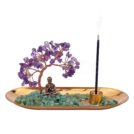 Natural Amethyst with Green Aventurine Chips with Brass Incense Burner Holder DJEW-G027-19RG-01-1