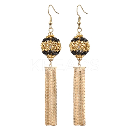 Glass Seed Beads & Brass Tassel Dangle Earrings EJEW-MZ00289-1