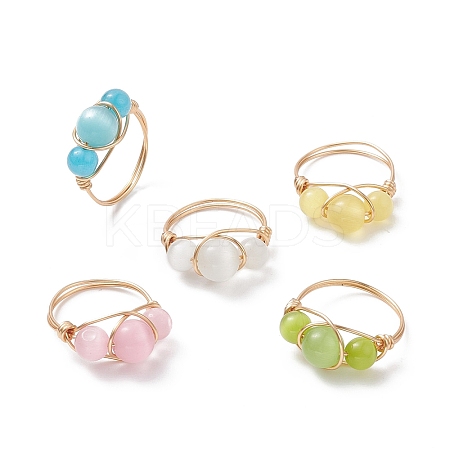 Cat Eye Beaded Finger Ring RJEW-JR00560-01-1