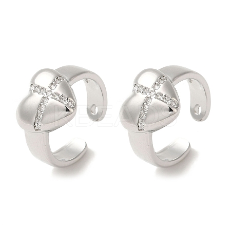 Rack Plating Brass Micro Pave Clear Cubic Zirconia Heart with Cross Cuff Earrings for Women EJEW-P280-21P-1
