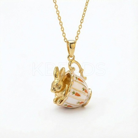 Brass Enamel Cup with Rabbit Fox Pendant Cable Chain Necklaces for Women WG20AE5-01-1