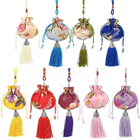 9Pcs 9 Colors Flower Pattern Brocade Bag Tassel Pendant Decorations HJEW-NB0001-97-1