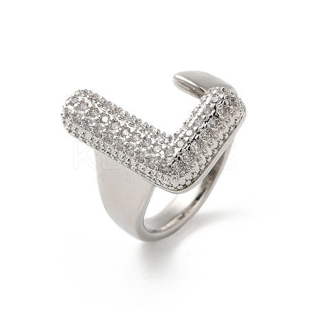Letter Brass Micro Pave Clear Cubic Zirconia Open Cuff Ring for Women RJEW-N046-03L-P-1