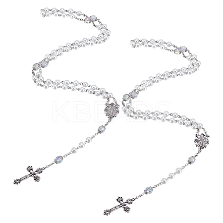 2Pcs White Round Glass Pearl Rosary Bead Necklaces NJEW-GO0001-13-1