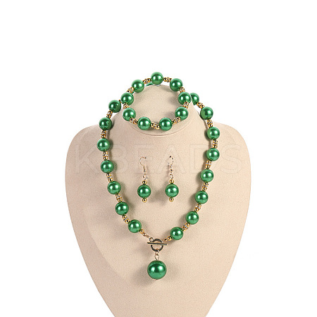 Plastic Imitation Pearl Round Beaded Pendant Necklaces & Dangle Earrings & Bracelets Sets for Women WG180C3-03-1