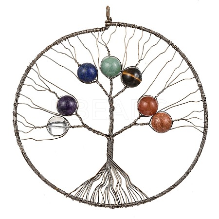 Rack Plating Copper Wired Natural Quartz Crystal & Amethyst & Lapis Lauli & Green Aventurine & Red Aventurine & Red Jasper & Tiger Eye Chakra Big Pendants G-P552-02R-1