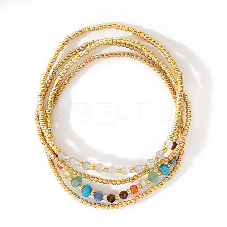 4Pcs Luxury Natural Rutilated Quartz Round Beads & Moonstone & Lapis Lazuli & Malaysia Jade & Glass & Cubic Zirconia & Purple  Garnet & Red Garnet & Glass Seed Beads Stretch Bracelet Set for Women AP3962-4-1