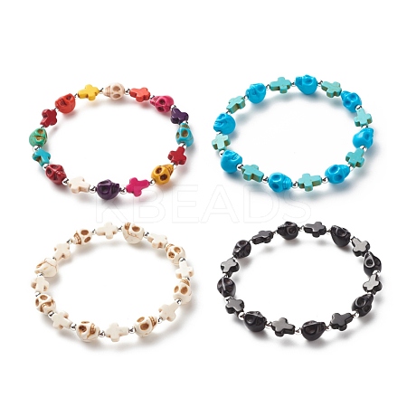 Synthetic Turquoise(Dyed) Cross & Skull Beaded Stretch Bracelet BJEW-JB08452-1