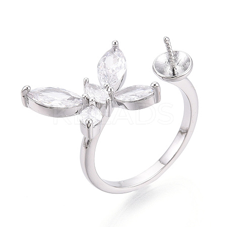 Butterfly Shape Brass Micro Pave Clear Cubic Zirconia Cuff Ring Settings for Half Drilled Beads KK-T076-47P-1