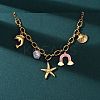 304 Stainless Steel Starfish Dolphin Shell Pink Enamel Rainbow Pendant Necklaces for Women NJEW-F346-01G-1