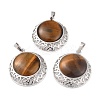 Natural Tiger Eye Pendants with Hollow Platinum Brass Findings G-P448-A15-P-1