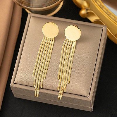 304 Stainless Steel Flat Round Tassel Stud Earrings EJEW-Q040-04G-1