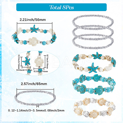 8Pcs Turtle & Starfish Synthetic Turquoise Beaded Stretch Bracelet BJEW-SC0001-46-1