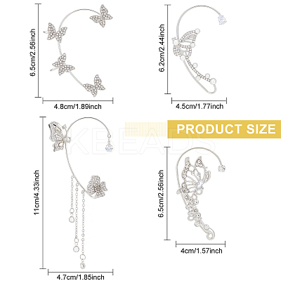 4 Pair 4 Style Butterfly Alloy Rhinestone Cuff Earrings EJEW-AN0003-81-1