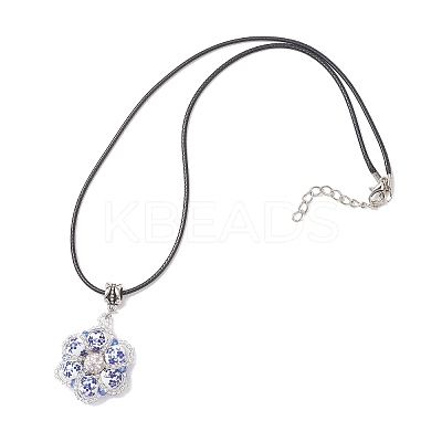 Handmade Blue and White Porcelain & Glass Seed Beaded Flower Pendant Waxed Cotton Cord Necklaces NJEW-MZ00141-1