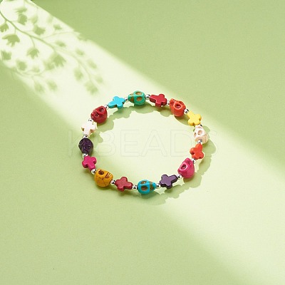 Synthetic Turquoise(Dyed) Cross & Skull Beaded Stretch Bracelet BJEW-JB08452-1