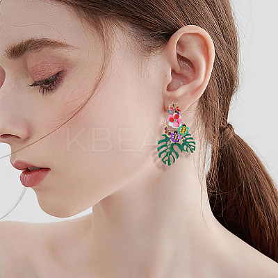 3 Pairs 3 Colors Flower & Leaf Rhinestone Dangle Stud Earrings EJEW-FI0003-21-1