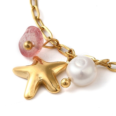 Cherry Quartz Glass & Fresheater Pearl & Starfish Charm Bracelets BJEW-K237-06G-02-1