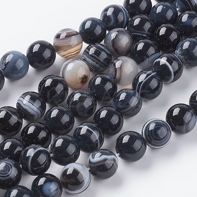 Round Dyed & Heated Natural Black Agate Beads Strands X-G-G582-8mm-07-1