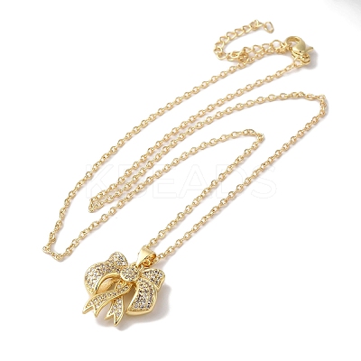 Brass Micro Pave Clear Cubic Zirconia Cable Chain Bowknot Pendant Necklaces for Women NJEW-C054-02B-G-1