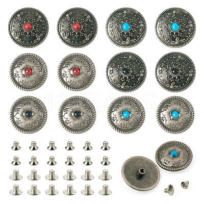 12 Sets 6 Style Flat Round Alloy Coin Screwback Rivets FIND-TA0004-02-1