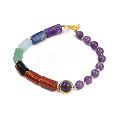 Natural Amethyst & Natural Mixed Stone & Brass Round & Prism Beaded Bracelets for Women BJEW-G752-01G-02-1