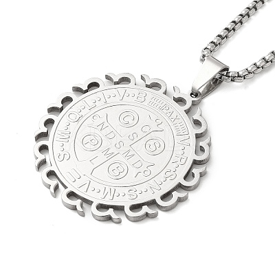 201 Stainless Steel Box Chain Saint Benedict Medal Pendant Necklaces for Women NJEW-M008-01P-1