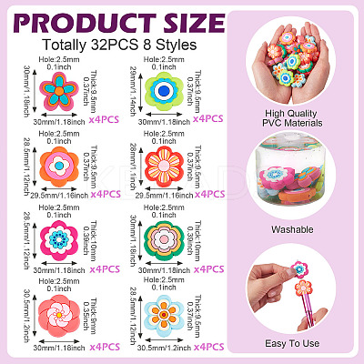 32Pcs 8 Styles Flower PVC Beads KY-TA0001-49-1