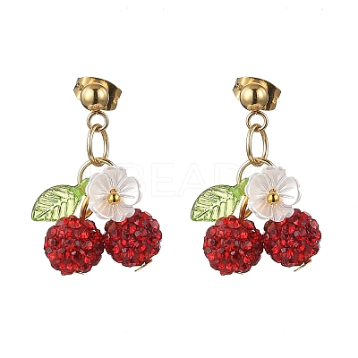 Cherry 304 Stainless Steel Handmade Polymer Clay Rhinestone Dangle Stud Earrings EJEW-JE06428-02-1