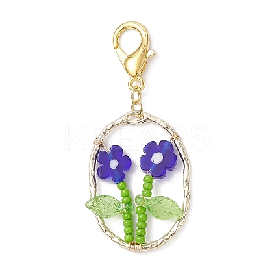 Oval with Flower Glass Seed Bead & Lampwork & Alloy Pendant Decoraitons HJEW-MZ00351-02-1