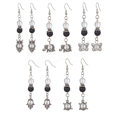 5 Pairs 5 Styles Natural Lava Rock Round Beaded Dangle Earrings EJEW-JE05476-S-1