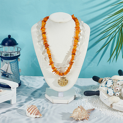 Dyed Natural Freshwater Shell Chip & Transparent Frosted Glass Nuggets Beaded Brass Shell Shaped Pendant Double Layer Necklaces NJEW-OC00005-1