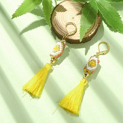 Glass Seed Braided Column with Tassel Dangle Leverback Earrings EJEW-MZ00056-1