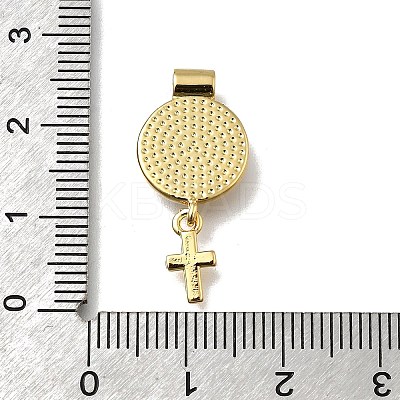 Brass Pave Natural White Shell Flat Round with Cross Pendants KK-C090-40G-05-1