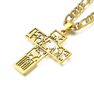 201 Stainless Steel Christian Cross Pendant Cuban Link Chain Necklaces STAS-D196-07G-1