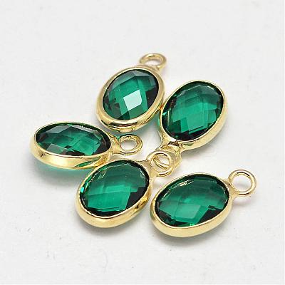 Oval Faceted Golden Tone Brass Glass Charms GLAA-O015-10G-1