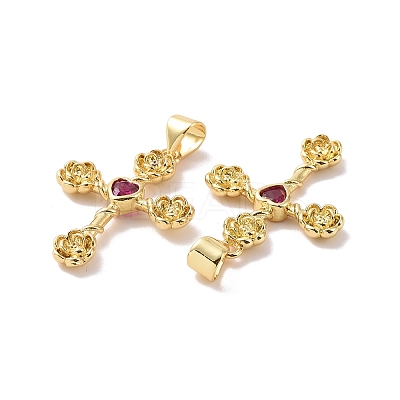 Cross with Flower Brass Micro Pave Cubic Zirconia Pendants KK-G435-06G-04-1