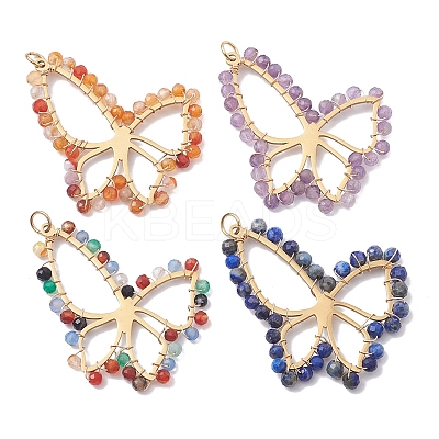 4Pcs Natural Mixed Gemstone Faceted Round Beaded Pendants PALLOY-JF02564-S-1