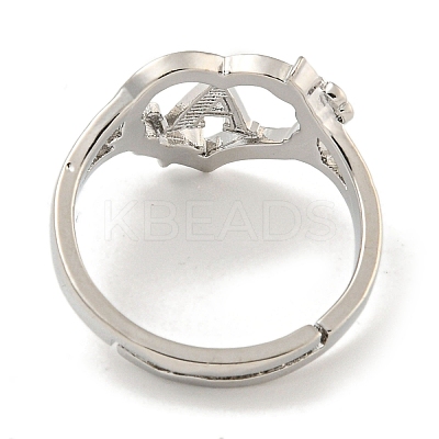 Heart with Letter & Flower Rack Plating Brass Adjustable Rings for Women RJEW-I105-05P-A-1