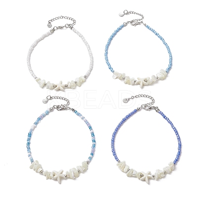 4Pcs 4 Colors Summer Natural Shell & Synthetic Magnesite Star & Glass Seed Beaded Anklets AJEW-AN00680-1