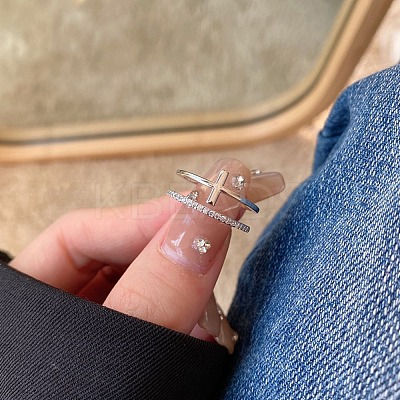 Rhodium Plated 925 Sterling Silver Cross Open Cuff Rings with Cubic Zirconia RJEW-F150-51P-1
